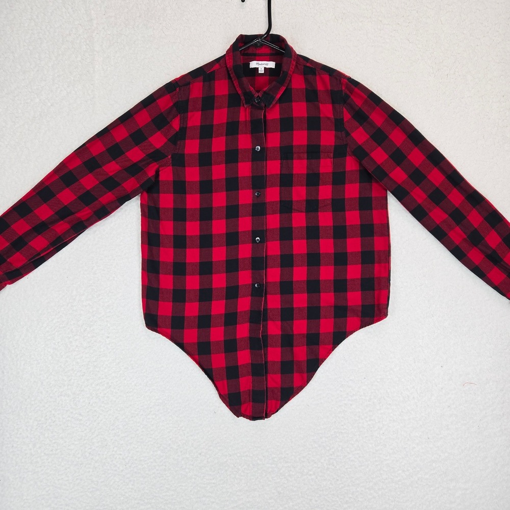 Madewell Buffalo Check Flannel Shirt Women M Red Black Plaid Tie Front Button Up - Picture 4 of 14